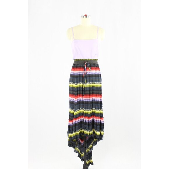 FREE PEOPLE Multi Color Striped Pleated Polyester Satin Hi-Lo Maxi Skirt, Size S - Picture 1 of 14